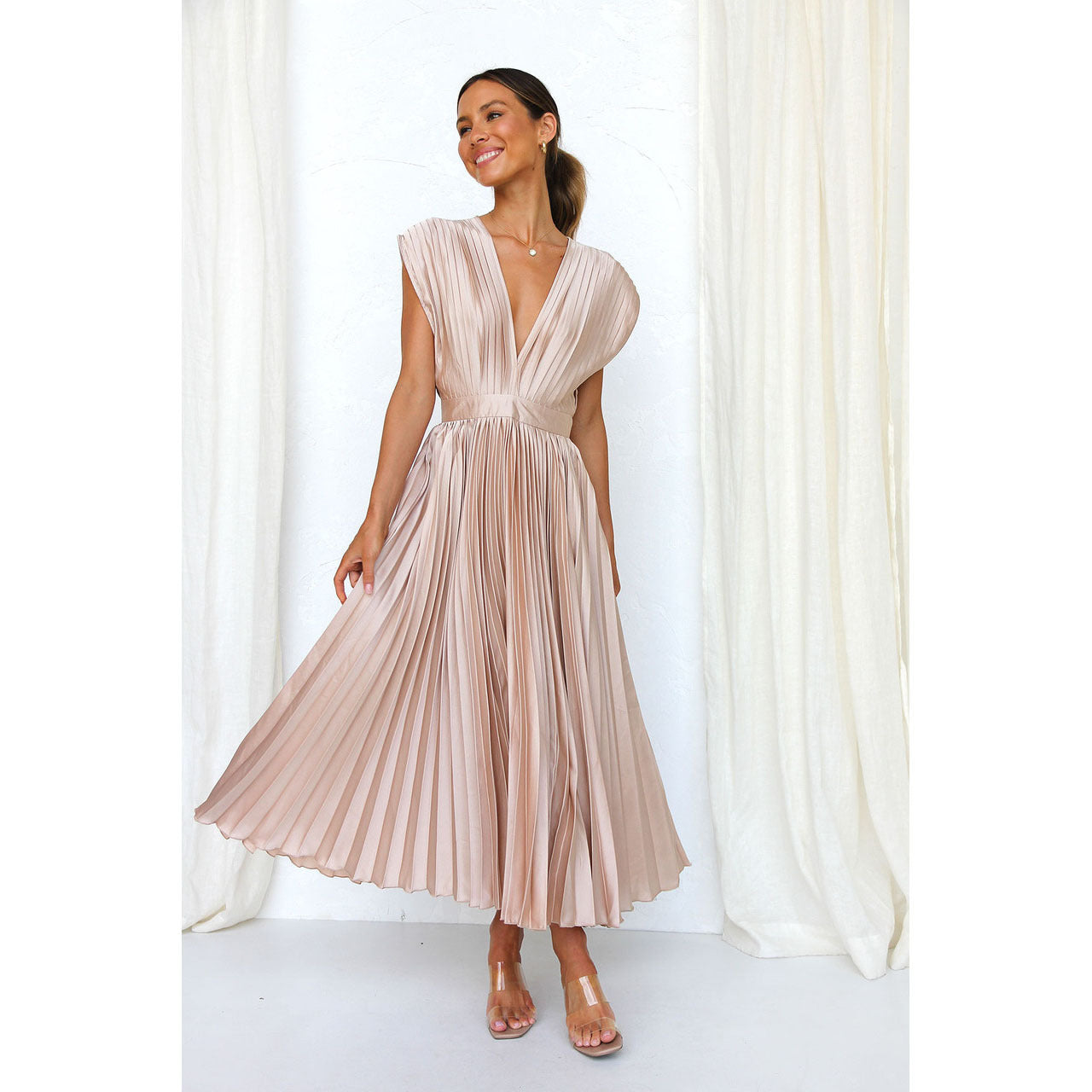 Naomi Pleated V-Neck Dress