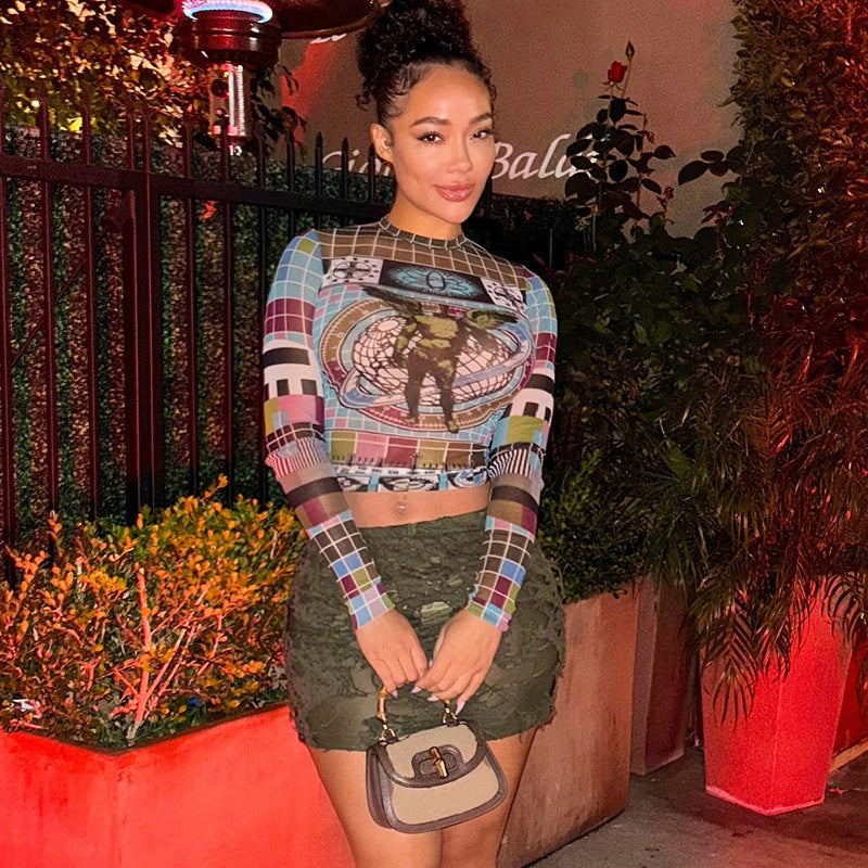 Riley 3D Mesh Midriff Long Sleeve Top