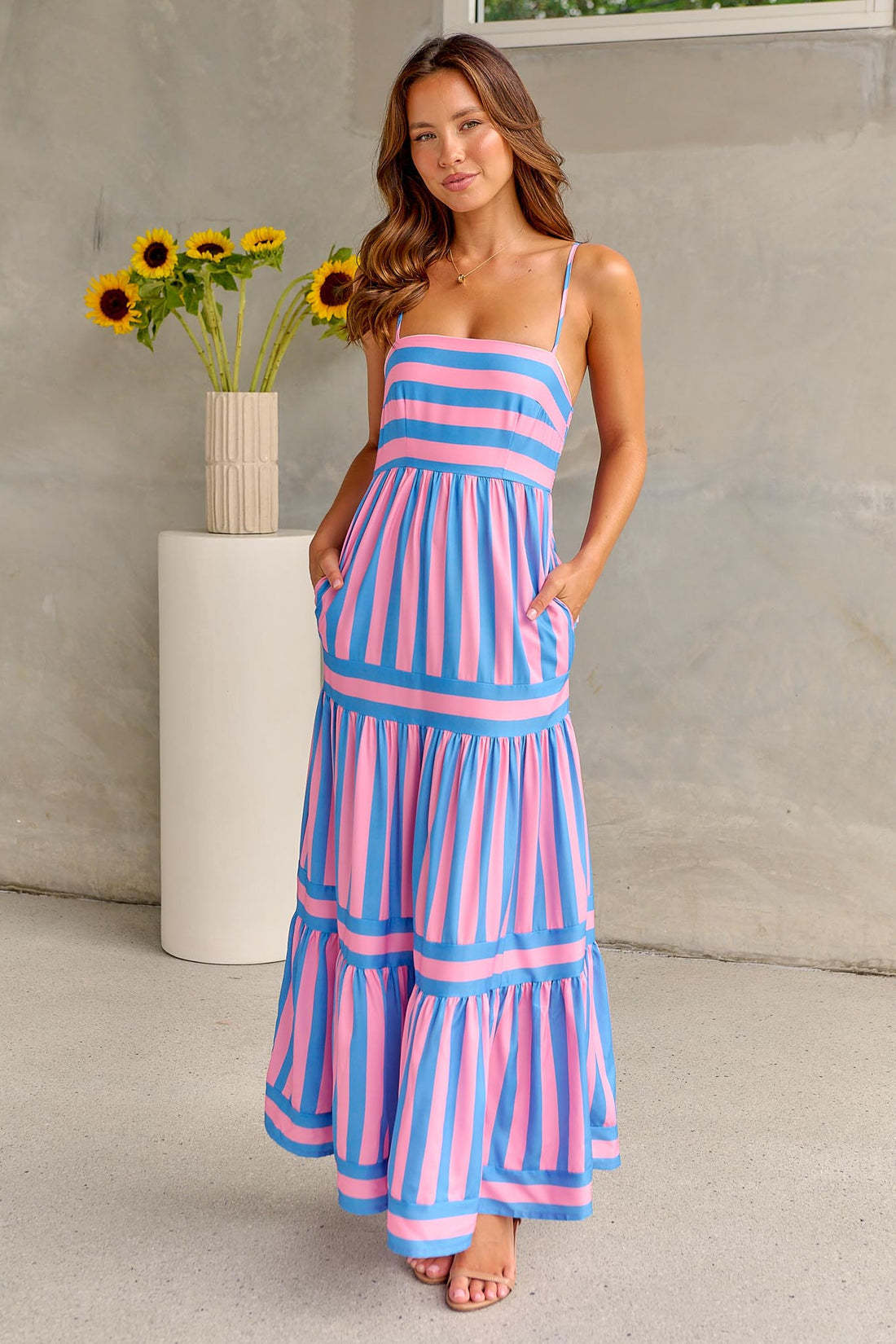 Isabella Striped Printed Suspender Long Dress