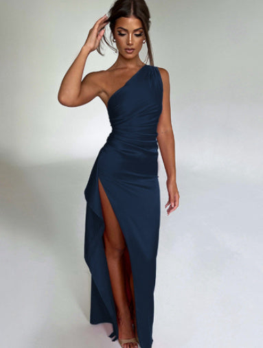 Jasmine One-Shoulder Satin Slit Dress