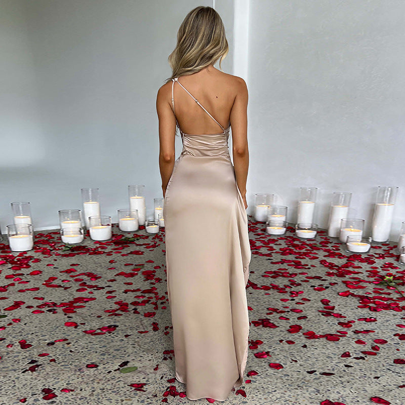Jasmine One-Shoulder Satin Slit Dress