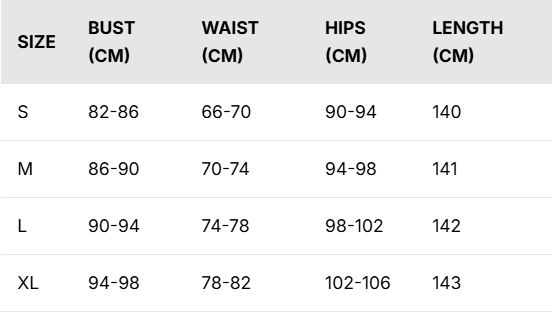 Size chart for Aurora Strapless Backless Maxi Dress