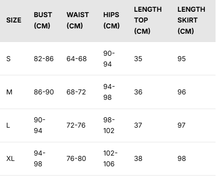 Size chart for Maya Two-Piece Halter Dress Suit