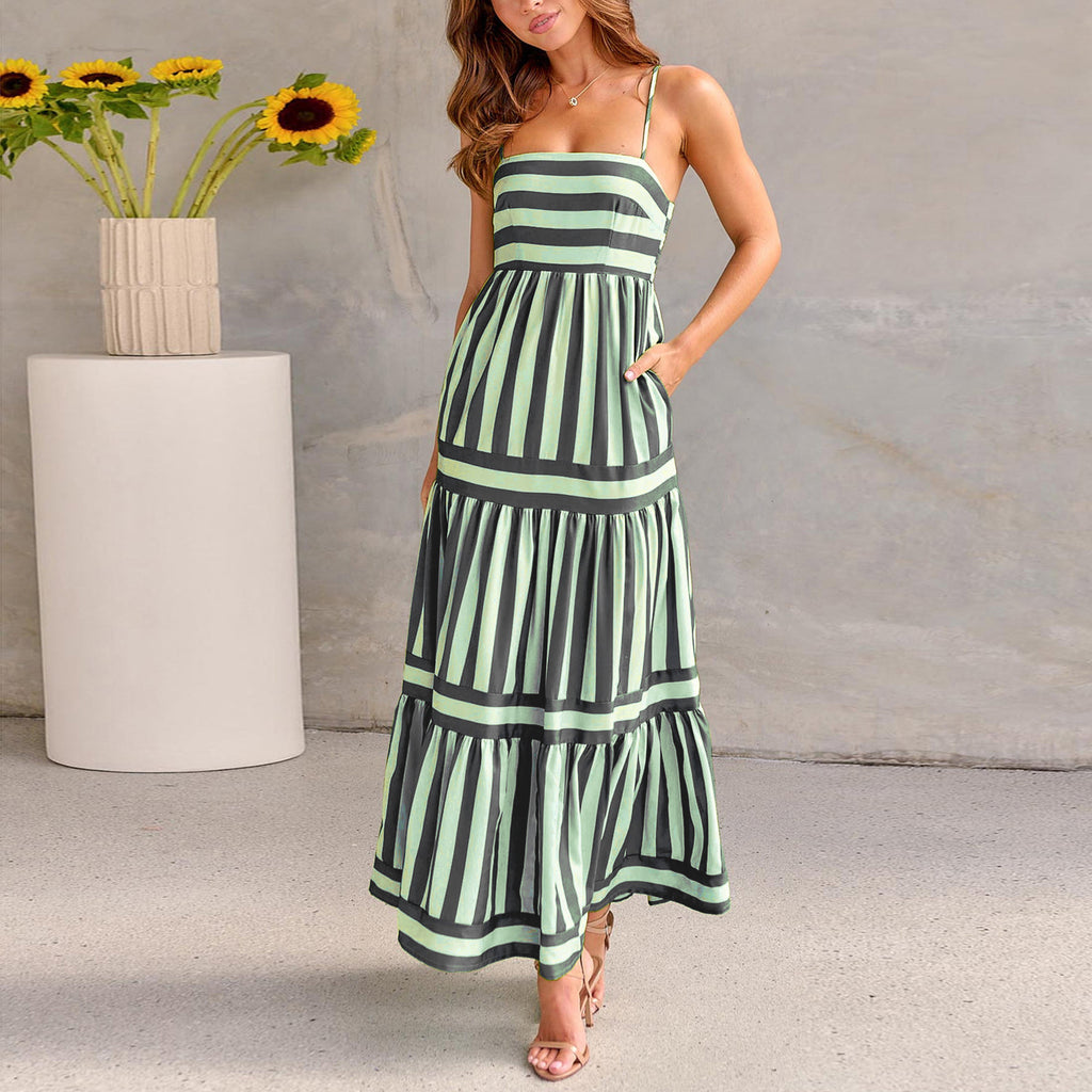 Isabella Striped Printed Suspender Long Dress