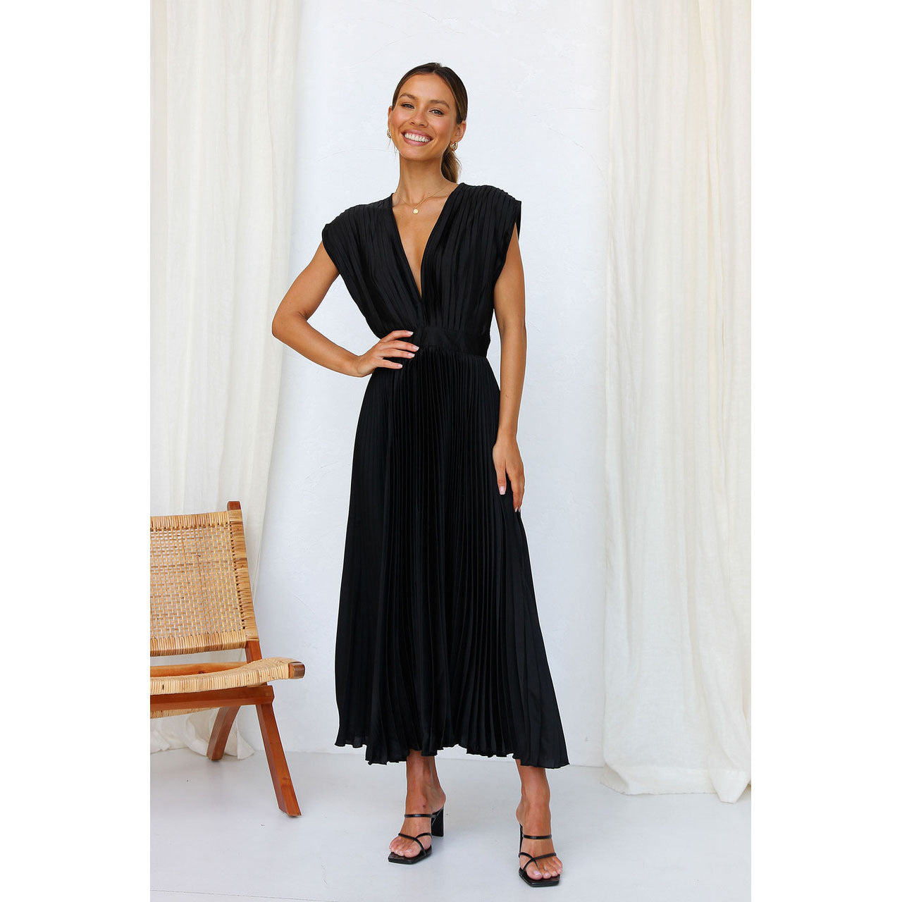Naomi Pleated V-Neck Dress