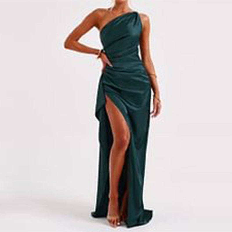 Jasmine One-Shoulder Satin Slit Dress