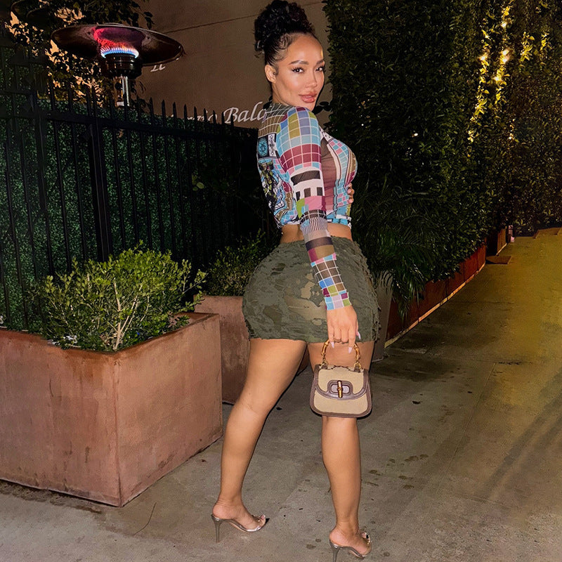 Riley 3D Mesh Midriff Long Sleeve Top