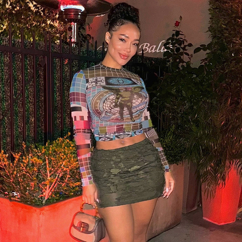 Riley 3D Mesh Midriff Long Sleeve Top